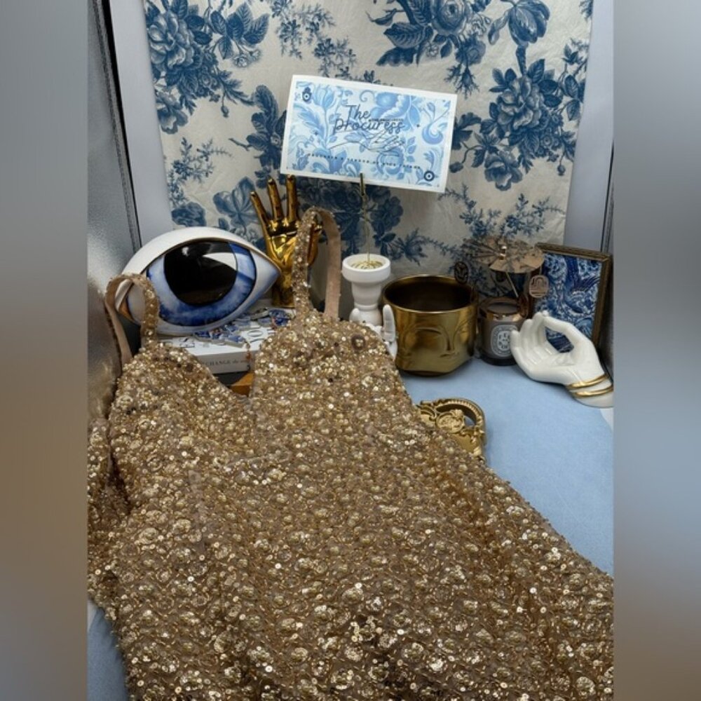 🆕 BRONX & BANCO 🧿 NWOT Allegra Gold Sequin & Beaded Maxi Dress, Sz S US 4 - Picture 12 of 16